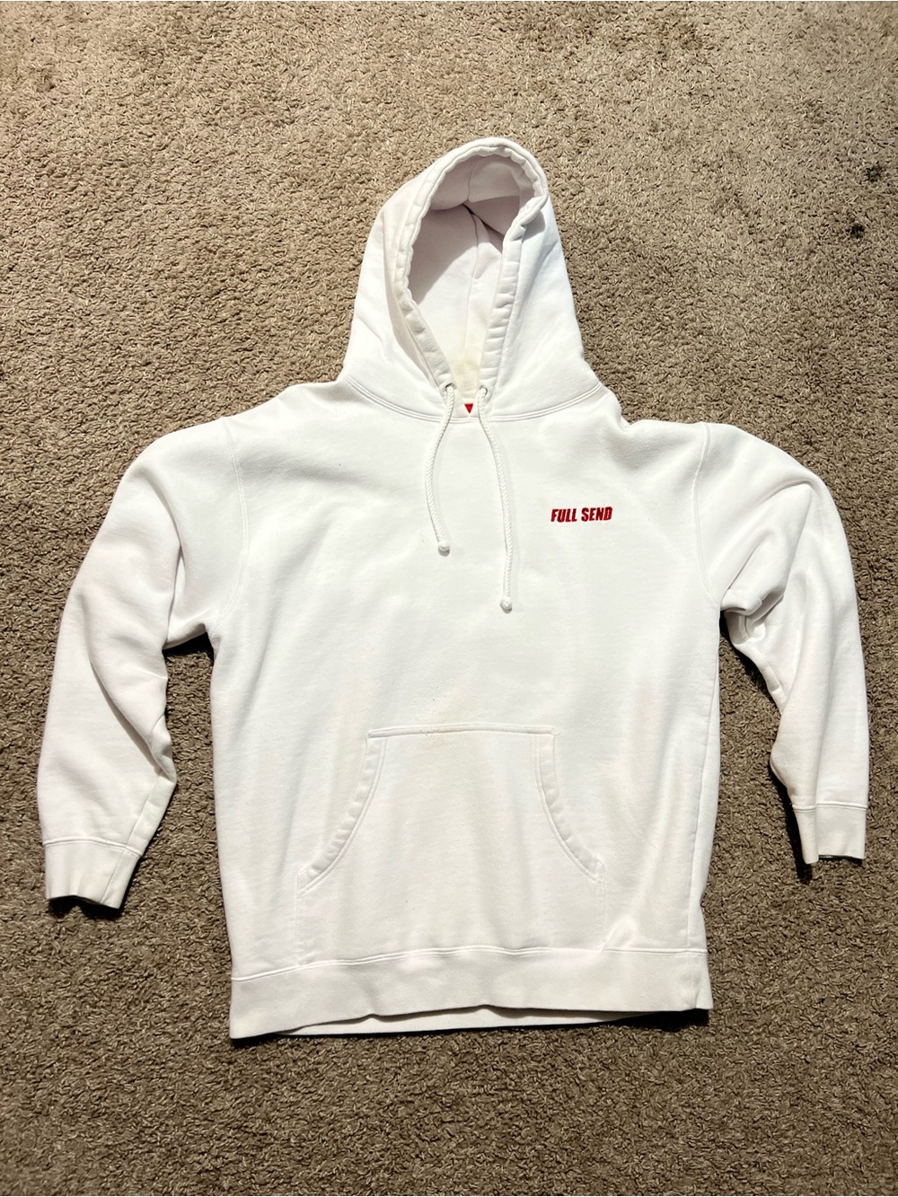 Men's White Pullover Hoodie with Small Red Logo
